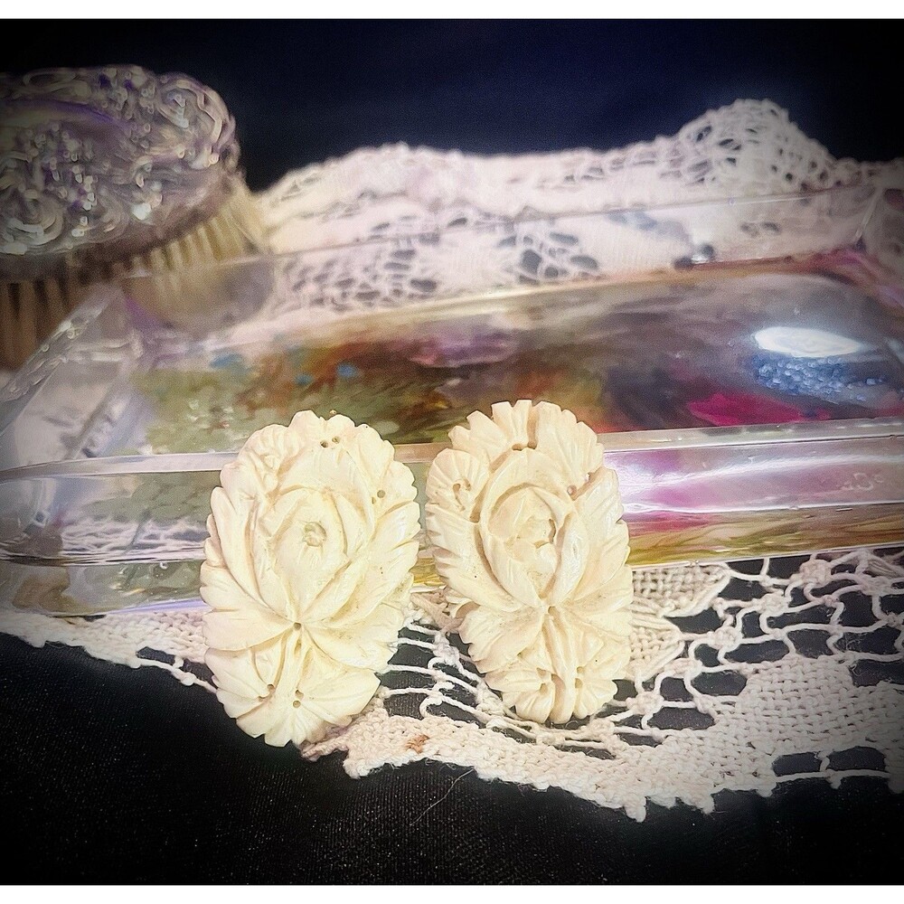 Antique 1934  Ivory Carved Floral Clip On Earrings Patented